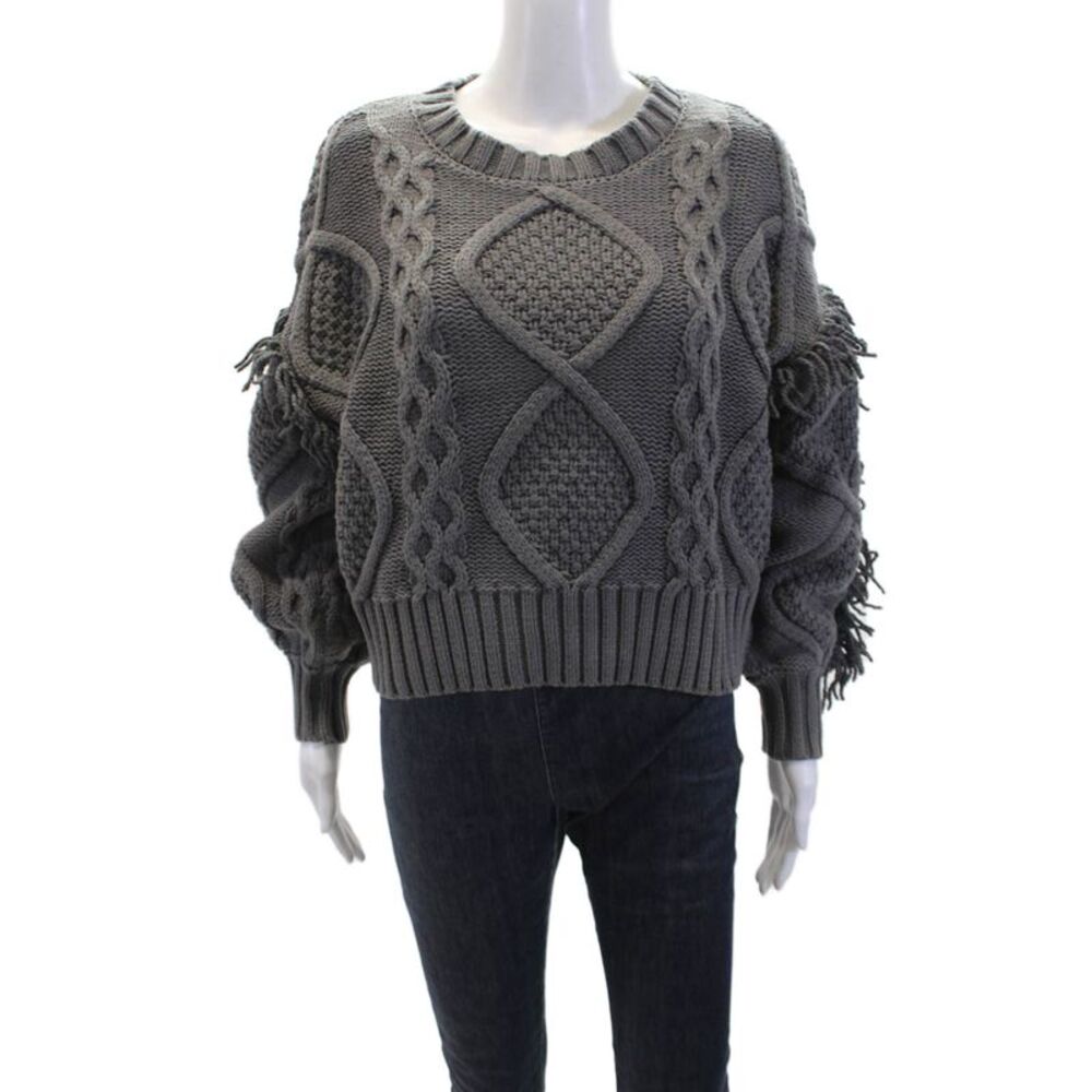 Line And Dot Womens Cotton Round Neck Braided Knit Sweater Gray Size S